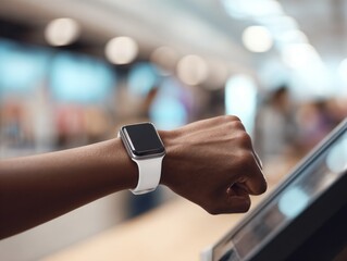African American woman wearing a smartwatch with a white strap, interacting with a touchscreen display in a modern retail environment, showcasing technology and lifestyle