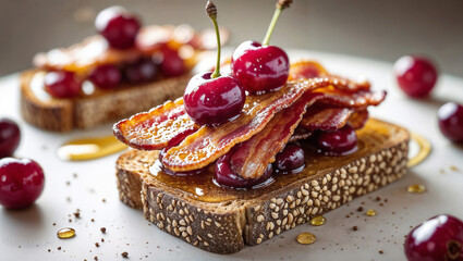 Close-up of crispy bacon strips layered over cherry compote on sesame-crusted toast, garnished with whole cherries and drizzled with syrup, styled in soft natural light.