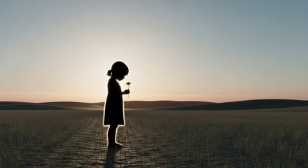 3D render of child holding flower on cleared field, distant view, faceless silhouette