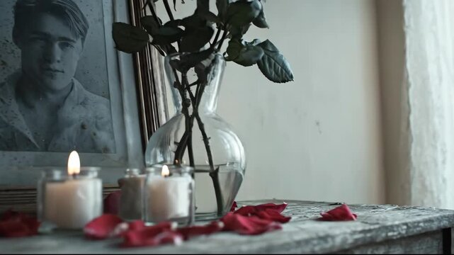 A heartfelt memorial with a portrait candles and wilting roses.