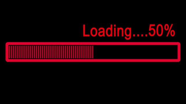 Red progress bar animation, percentage loading on a black background