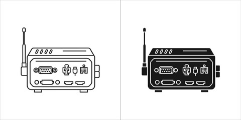 Set of two icons representing a network router, one in outline and one in solid black