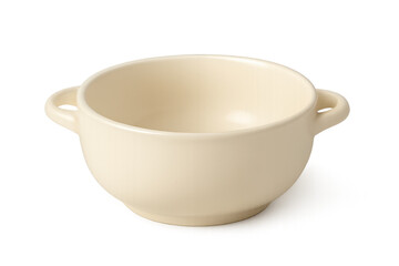 Empty ceramic soup bowl with handles on transparent background