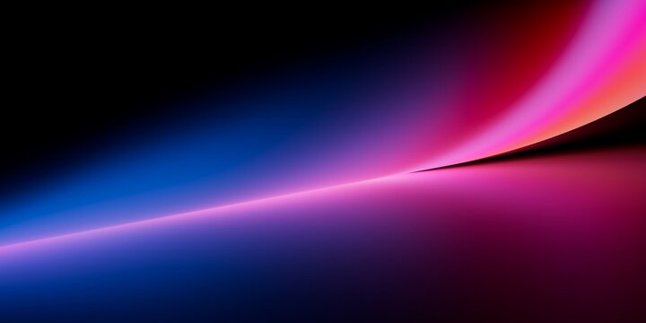 Soft neon gradient with blue and pink light streaks curving on black background, futuristic abstract stock image perfect for modern digital design.