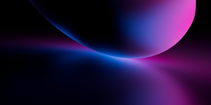 Neon glowing sphere with pink and blue gradient light reflection on black surface, futuristic abstract background for stock visuals and design projects.