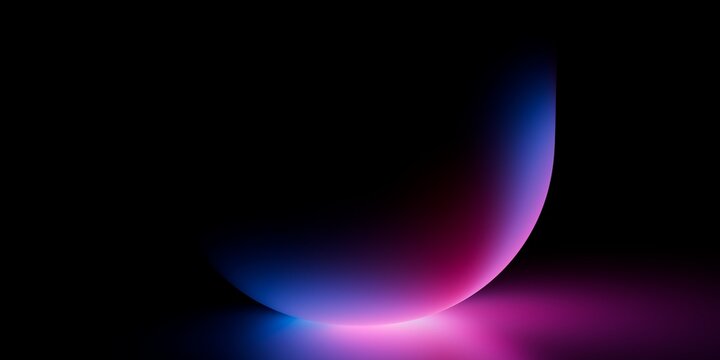 Futuristic neon half-sphere glowing in purple and blue gradient on black, abstract light reflection artwork ideal for design and creative stock images.