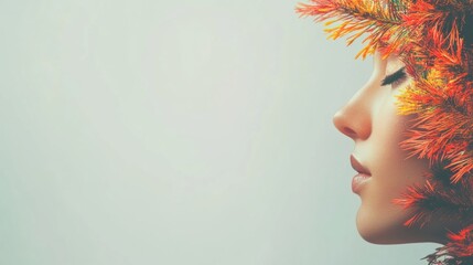 Profile of a young woman with colorful autumn leaves on her head