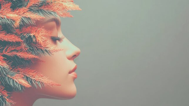 Portrait of a woman with vibrant foliage and a serene expression