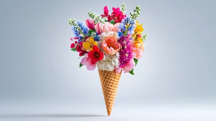 Ice cream cone with flowers isolated on white background, a creative floral art
