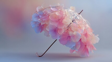 Umbrella covered in pastel colored hydrangea petals on a soft background