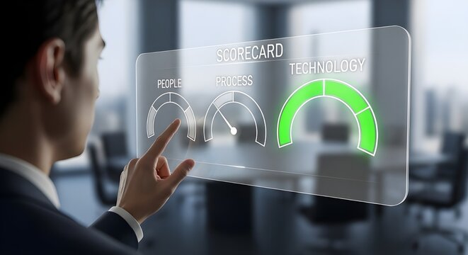 Modern business dashboard showing positive technology growth, with a man pointing at the interactive screen in a bright and professional office setting