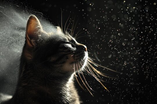 Tabby cat shaking off water droplets with closed eyes in the dark
