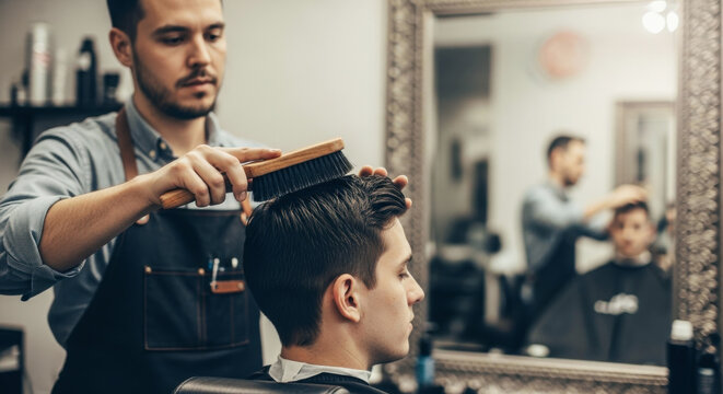 Male barber brushing hair of young caucasian adult man with a wooden brush in a stylish barbershop setting. - Powered by Adobe