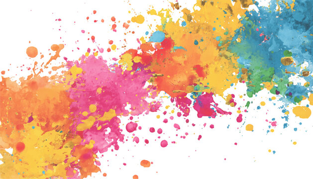 Colorful splashes of watercolor paint form an abstract design. Abstract art of colorful paint splatters on a white background. Rainbow paint splatter banner, white background, design