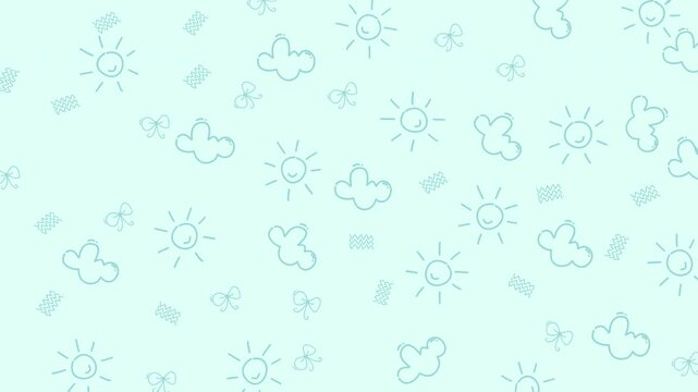 Looping animation of blue doodle background featuring suns, clouds, and shapes. Minimal flat vector motion perfect for kids&rsquo; themes, cheerful videos, or summer projects.