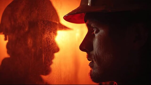 Silhouette of a Determined Worker Facing a Fiery Reflection.