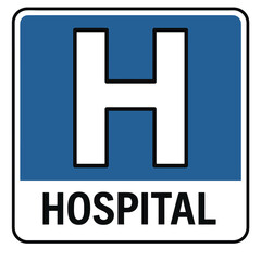 Clear hospital signage with large white h symbol and text for navigation and information