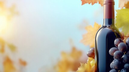 Harvesting grapes in vineyards during autumn season with wine bottle