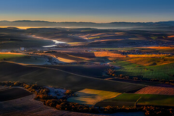 color fields in the morning rays of the autumn sun from a balloon