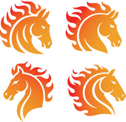Red fiery horse, the horse's head framed by a mane that looks like tongues of flame. Vector on transparent and red background
