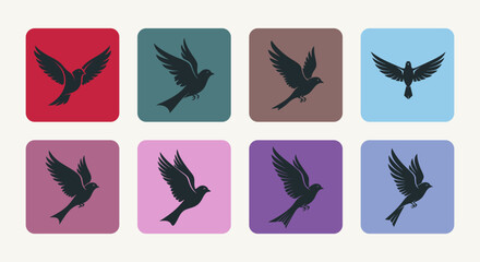Fototapeta premium Vector silhouette set of flying birds, including dove, pigeon, and eagle, for icon and design illustration