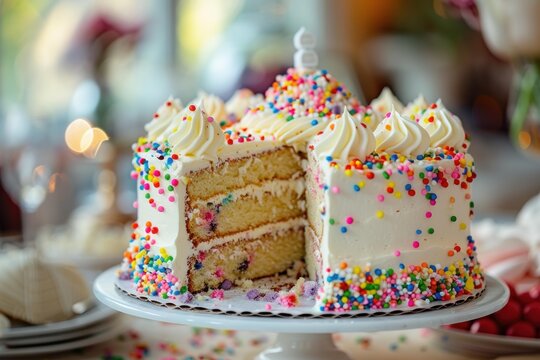 Layered funfetti cake with colorful sprinkles and creamy frosting, celebrating a birthday with a festive touch