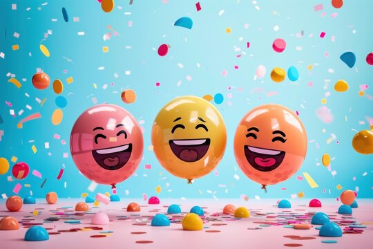 Three colorful balloons with laughing emojis are celebrating with falling confetti on a blue and pink background - Powered by Adobe