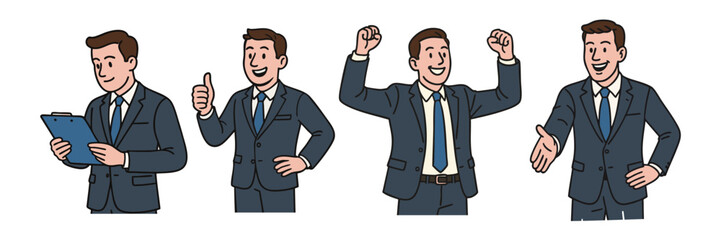 Business character illustration set showing professional man in various poses and expressions representing success and communication