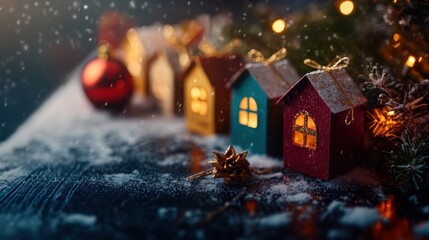 Fototapeta premium Festive display of colorful houses with warm lights during Christmas season