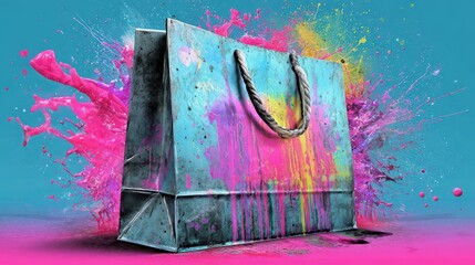 Black friday sale excitement vibrant shopping bag surrounded by colorful splash art