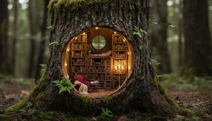 Cozy magical library with glowing lamps and bookshelves carved inside an ancient tree trunk in the deep forest. Fairy tale interior, woodland reading nook, fantasy literature, 