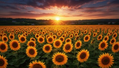 Fototapeta premium Sunflower field at sunrise with golden flowers, summer rural landscape, bright sun, nature, agricultural background, beauty of nature, morning light, serenity, horizon.