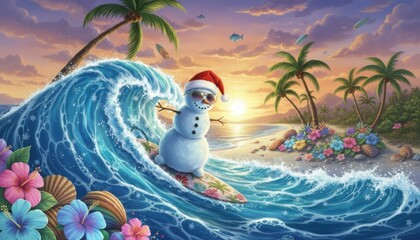 Christmas surfing snowman on tropical wave, Santa hat, palm trees, bright flowers—holiday card concept, happy and funny illustration for warm winter vacation.
