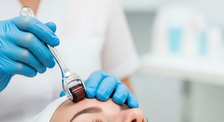Woman receiving microneedling treatment on her forehead during a cosmetic procedure. Rejuvenation for skin care in beauty salon or medical clinic.