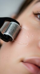 Woman performing microneedling on her face with a derma roller for skin rejuvenation. Cosmetology treatment at home with cosmetic serum. Beauty procedure.