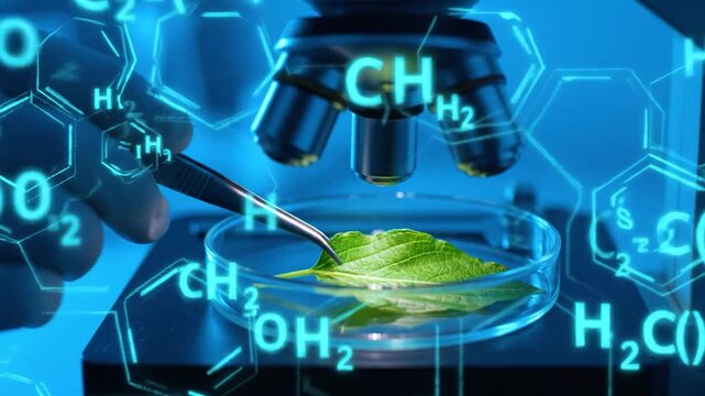 Scientist examines a green leaf in a petri dish under a microscope with glowing chemical formulas overlayed