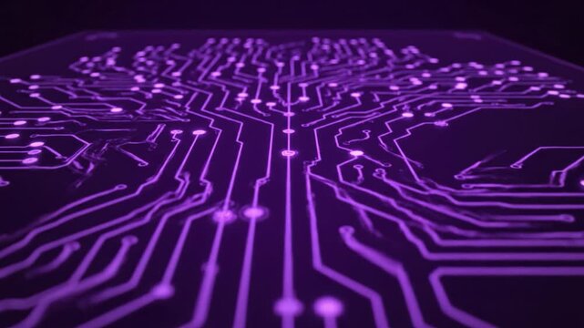 Vibrant circuit design illuminated in purple showcases intricate pathways and connections, creating abstract digital pattern that symbolizes technology and innovation in connectivity