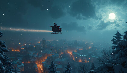Fototapeta premium Santa Claus in Sleigh Flying Over Snowy City at Night