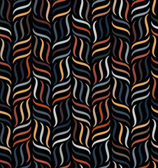 Seamless striped pattern with columns of vertical and horizontal, multicolored, wavy lines on a black background. Retro striped design. Vector illustration for textile, wrapping, and wallpaper.