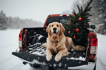 Golden Retriever Sitting in Snowy Pickup Truck with Christmas Tree, Festive Winter Holiday Scene, Adorable Pet Celebration

