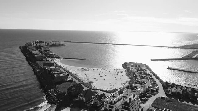 A black-and-white drone video from above the Olpenitz peninsula in Germany