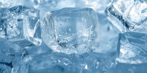 Close-up of blue-tinted ice cubes with reflective crystalline edges