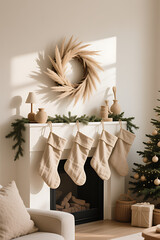 Cozy Christmas Fireplace with Hanging Stockings, Natural Wreath and Candlelight, Rustic Holiday Home Decor

