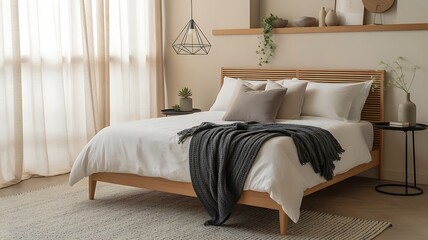 A bright bedroom with a comfortable bed and minimalist design