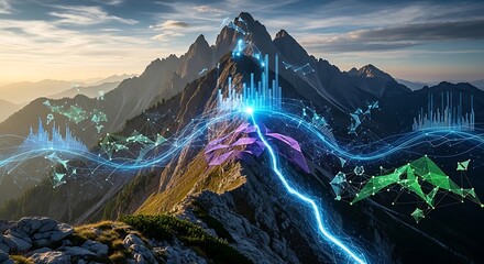 Mountain peak with digital data visualization overlay, showing charts, graphs, and a bright blue lightning-like data stream.