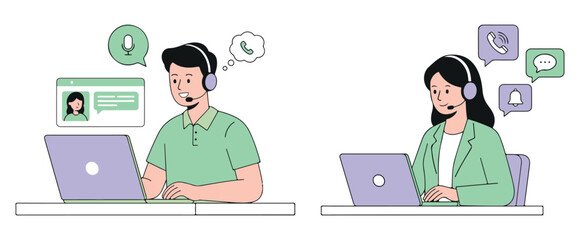 Fototapeta premium Vector illustration showing customer support representatives working on laptops with headsets. The image depicts online communication, customer assistance, and technical support in a modern flat style