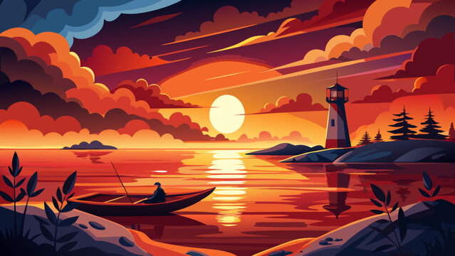 Very beautiful dramatic sunset over the calm water near Cape Henlopen State Park, Lewes, Delaware, where a lighthouse and kayak silhouette glow beneath a fiery, colorful evening sky.