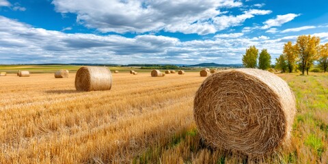Golden hay bales in harvested agricultural field