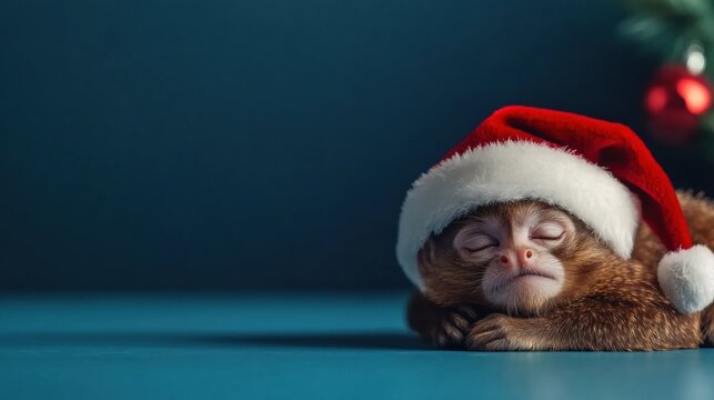 Cute sleeping monkey wearing Santa hat during holiday season