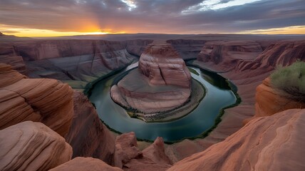 Horseshoe bend at sunset with the colorado river winding through canyon
